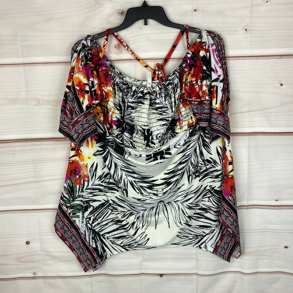NY Collection Top Womens 2X Floral Smocked Blouse Halter Babydoll Tunic Knit